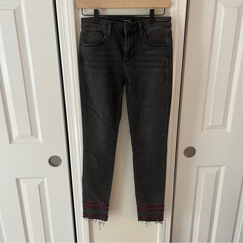 Driftwood Jackie Jeans 25 x 28 Ankle Skinny Black Women Raw Hem Embroidered